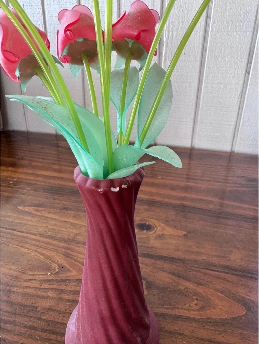 Artificial Pink Rose Flowers in Burgundy Ceramic Vase